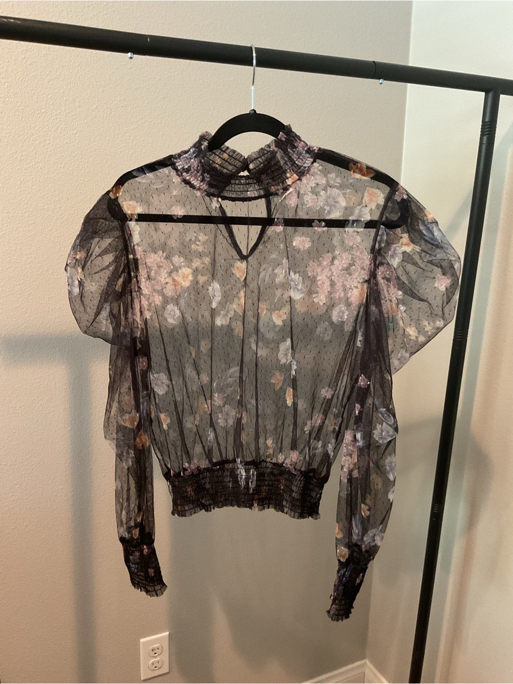 Black Sheer Floral Mock-Neck Blouse with Puff Sleeves